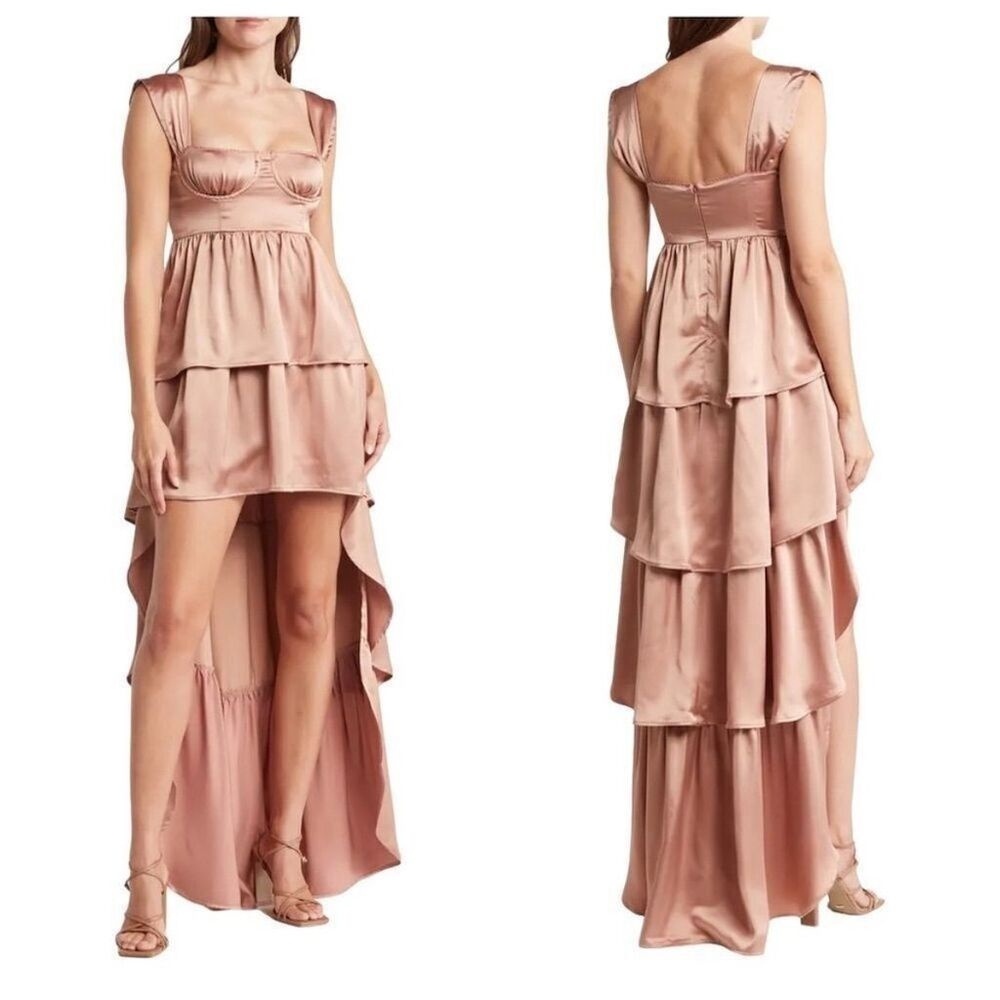 NWT WeWoreWhat Pink Corset Ruffle Tiered Satin Coquette Bustier Prom Dress, 10